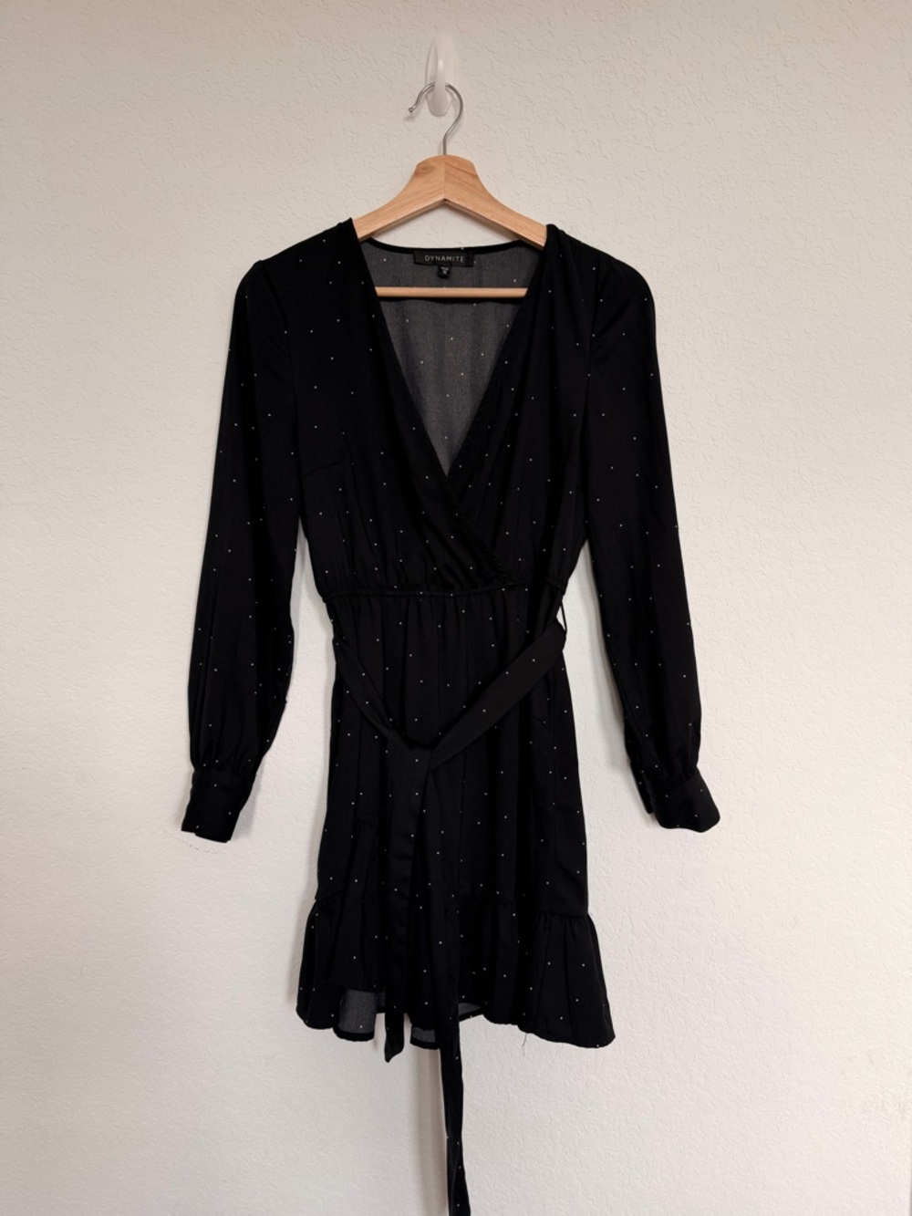 Dynamite Black Long-Sleeve Wrap Dress with Micro Silver Dots
